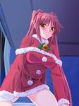  bell blush brown_eyes ceiling christmas indoors kousaka_tamaki long_hair long_sleeves looking_at_viewer red_hair santa_costume solo thighhighs to_heart_2 twintails urase_shioji white_legwear window 