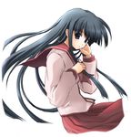  bangs blunt_bangs expressionless floating_hair grey_eyes hand_on_own_face hime_cut kobunshi kusakabe_yuuki_(to_heart_2) long_hair long_sleeves looking_at_viewer pleated_skirt school_uniform serafuku simple_background skirt solo to_heart_2 upper_body very_long_hair 