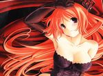  armpits bare_shoulders black black_gloves breasts bustier cleavage corset elbow_gloves fire gloves gothic large_breasts lingerie long_hair lying natural_another_one_2nd_belladonna on_back orange_hair purple_eyes solo tsurugi_hagane underwear very_long_hair wallpaper yachigusa_itsuki 