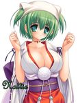  breast_squeeze breasts cleavage green_eyes green_hair haruno_chigusa japanese_clothes large_breasts meguri_hitohira. miko norita short_hair solo 