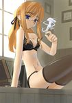  black_legwear black_panties blonde_hair blue_eyes bra breasts cleavage glasses lingerie long_hair navel original panties ponytail sitting small_breasts solo strap_slip thighhighs tsuina underwear underwear_only 