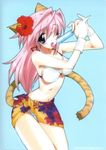  animal_ears bikini blue_eyes cat_ears cat_tail flower food hair_flower hair_ornament hibiscus highres karen_(artist) long_hair multicolored multicolored_sarong one_eye_closed orange_sarong original pink_hair popsicle print_sarong sarong shitajiki solo swimsuit tail toranoana 