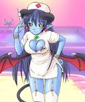  artist_request astaroth_(shinrabanshou) black_sclera blue_skin cleavage_cutout cosplay earrings heart heart_cutout heart_earrings jewelry nurse red_wings shinrabanshou solo thighhighs wings 