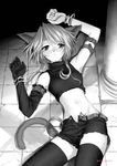  animal_ears arm_belt arm_up artist_name bangs bare_shoulders blush bracelet breasts cat_ears cat_girl cat_tail copyright_request cowboy_shot crack cracked_floor crop_top cross elbow_gloves gloves greyscale groin hair_ornament jewelry looking_at_viewer lying midriff monochrome navel on_back on_ground pillar shadow shorts single_glove sleeveless sleeveless_turtleneck solo tail thighhighs tile_floor tiles torn_clothes torn_shorts turtleneck ueda_ryou unbuckled_belt unfastened 