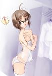  1girl artist_request brown_eyes brown_hair camisole comic_party glasses locker locker_room long_sleeves makimura_minami panties short_hair solo standing strap_slip thighhighs underwear undressing white_legwear white_panties 