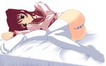  ass bed bed_sheet blue_panties blush brown_eyes feet foreshortening kousaka_tamaki long_sleeves lying no_pants on_side panties red_hair school_uniform serafuku solo striped striped_panties thighhighs to_heart_2 underwear white_legwear yuki_(white_garden) 