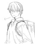  backpack bag ginko greyscale hair_over_one_eye long_sleeves lowres male_focus monochrome mushishi satou_atsuki sigh solo 