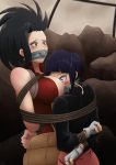  10s 2girls arms_behind_back artist_name bare_shoulders between_breasts black_hair blue_hair blush boku_no_hero_academia bound bound_together bound_wrists breast_smother breasts cleavage fingerless_gloves gag gloves head_between_breasts improvised_gag jirou_kyouka long_hair looking_at_breasts mouth_taped multiple_girls rock rope short_hair sweat tape tape_bondage tape_gag tied tied_together yaoyorozu_momo zelgadisgw 