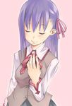  bad_anatomy breasts closed_eyes fate/stay_night fate_(series) hand_on_own_chest homurahara_academy_uniform long_hair long_sleeves matou_sakura medium_breasts mikage_sekizai neck_ribbon one_side_up purple_hair ribbon school_uniform shirt smile solo standing vest 