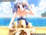  2005 :o bare_shoulders beach blue_hair casual_one-piece_swimsuit da_capo da_capo_i day frilled_swimsuit frills game_cg light_rays lowres nanao_naru ocean one-piece_swimsuit outdoors purple_eyes sand_castle sand_sculpture solo sparkle sunbeam sunlight swimsuit tsukishiro_alice twintails water 