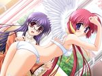  alice_(usotsuki_wa_tenshi_no_hajimari) angel arisue_tsukasa blue_hair blush bra dress dutch_angle feathers game_cg glasses hair_ribbon ipponyari_tamayo leaning_forward lingerie long_hair multiple_girls panties purple_eyes red_eyes red_hair ribbon twintails underwear underwear_only usotsuki_wa_tenshi_no_hajimari white_panties window wings 