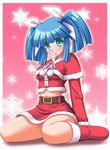  :o aqua_eyes belt blue_hair blush boots capelet christmas gradient gradient_background hair_ribbon head_tilt long_hair long_sleeves navel pani_poni_dash! red_capelet ribbon santa_boots santa_costume sidelocks sitting skirt snowflakes solo suzuki_sayaka twintails wariza 