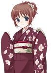  blue_eyes brown_hair floral_print furisode japanese_clothes kimono kubyou_azami long_sleeves new_year obi original sash solo 