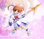  black_gloves boots bow brown_hair buckle character_name cropped_jacket fingerless_gloves full_body gloves hair_ribbon long_hair long_skirt long_sleeves looking_at_viewer lyrical_nanoha magazine_(weapon) magic_circle magical_girl mahou_shoujo_lyrical_nanoha mahou_shoujo_lyrical_nanoha_a's open_mouth polearm puffy_sleeves purple_eyes raising_heart red_bow ribbon shoes skirt skirt_set smile solo standing standing_on_one_leg sumeragi_kou takamachi_nanoha twintails weapon winged_shoes wings zoom_layer 