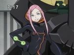  anemone_(eureka_seven) bodysuit breasts clock clockshow contrapposto cowboy_shot eureka_seven eureka_seven_(series) gloves grin hair_ornament hairclip hood long_hair mecha pink_hair screencap sidelocks silver_eyes single_vertical_stripe small_breasts smile solo standing theend 