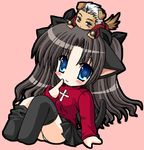  1girl animal_ears archer black_legwear cat_ears chibi dark_skin dark_skinned_male fate/stay_night fate_(series) long_sleeves lowres nekokoneko nekoneko thighhighs toosaka_rin turtleneck two_side_up 