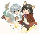  animal_ears bad_id blue_eyes blush boots breath coat corrupted_image dog_ears dog_tail from_above fur inuburo kneeling looking_at_viewer looking_up multiple_girls original short_hair shorts silver_hair smile snow_bunny snowman tail thighhighs turtleneck vest yellow_eyes zettai_ryouiki 