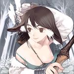  animal_ears arrow artist_request bare_shoulders between_breasts bow_(weapon) breast_slip breasts brown_eyes brown_hair covered_nipples detached_sleeves gloves holding holding_arrow holding_bow_(weapon) holding_weapon left-handed long_sleeves looking_away looking_to_the_side medium_breasts nature nipples one_breast_out original quiver single_glove smile solo torn_clothes upper_body weapon white_gloves wrist_guards 
