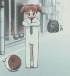  animated animated_gif azumanga_daiou cathead cosplay faceplant kigurumi lowres mihama_chiyo necktie screencap short_twintails shorts solo twintails undressing 