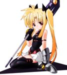  45acp arm_garter armor bardiche blonde_hair boots closed_mouth expressionless fate_testarossa full_body gauntlets gloves hair_ribbon long_hair looking_at_viewer lyrical_nanoha magical_girl mahou_shoujo_lyrical_nanoha mahou_shoujo_lyrical_nanoha_a's miniskirt polearm red_eyes ribbon seiza simple_background single_gauntlet single_glove sitting skirt sleeveless solo thighhighs twintails very_long_hair weapon zettai_ryouiki 