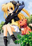  arf bardiche blonde_hair blue_panties blush dog fate_testarossa hair_ribbon jacket long_hair long_sleeves lyrical_nanoha mahou_shoujo_lyrical_nanoha mahou_shoujo_lyrical_nanoha_a's miniskirt nal_(studio_ng) panties pantyshot red_eyes ribbon shirt shoes sitting skirt striped striped_panties twintails underwear 