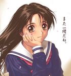  brown_eyes chin_rest copyright_request long_hair long_sleeves nail_polish non-web_source school_uniform serafuku solo translated wind yumenosuke 