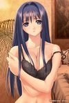  after artist_name bangs bare_shoulders bed black_bra blue_eyes blue_hair bra breast_squeeze breasts chihaya_miyuki cleavage crossed_arms dated floral_print hair_intakes hair_over_breasts holding_arm lace lace-trimmed_bra large_breasts lights lingerie long_hair looking_at_viewer navel painting_(object) parted_lips pillow self_hug sidelocks solo strap_slip tanaka_takayuki underwear underwear_only upper_body very_long_hair wide_hips 