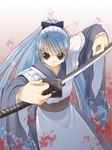  blood blue_hair japanese_clothes jirou_(chekoro) katana letterboxed long_sleeves maid maid_headdress original ponytail solo sword weapon 