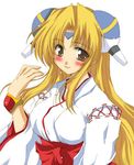  artist_request blonde_hair galaxy_angel hairpods hakama japanese_clothes long_sleeves miko ranpha_franboise red_hakama solo 