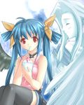  ahoge artist_request asymmetrical_wings blue_hair camisole choker denim denim_shorts dessert dizzy eating food guilty_gear hair_ribbon long_hair lowres ribbon shorts sitting solo tail thighhighs twintails undine_(guilty_gear) wings 