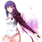  artist_request blush cowboy_shot dark_sakura fate/stay_night fate_(series) hair_ribbon long_sleeves looking_at_viewer magic matou_sakura pink_skirt purple_eyes purple_hair ribbon shirt simple_background skirt smile solo standing white_shirt 