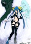  artist_request asymmetrical_wings bare_shoulders blue_eyes blue_hair bow choker detached_sleeves dizzy guilty_gear hair_bow long_hair long_sleeves midriff navel necro_(guilty_gear) thighhighs undine_(guilty_gear) very_long_hair wings 