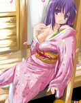  against_wall blush breasts cleavage fate/stay_night fate_(series) flower hair_in_mouth hair_ribbon head_tilt japanese_clothes kimono large_breasts long_hair long_sleeves matou_sakura no_bra off_shoulder petals purple_eyes purple_hair q-gaku ribbon sitting solo 