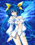  artist_request bad_anatomy bare_shoulders blue_hair blush collarbone dizzy guilty_gear hair_ribbon long_sleeves lowres navel navel_cutout red_eyes ribbon smile solo 
