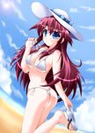  ass aty_(summon_night) beach bikini blue_eyes blush breasts cloud covered_nipples day glasses hat holding holding_eyewear long_hair medium_breasts micro_bikini outdoors pink_hair sandals side-tie_bikini sky smile solo summon_night summon_night_3 sun_hat swimsuit thong_bikini underboob utanone_shion white_bikini 