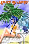  asymmetrical_wings beach bikini blue_hair chair choker day dizzy drink guilty_gear legs long_hair necro_(guilty_gear) outdoors red_eyes shiyuu_urii sitting strapless swimsuit table tubetop twintails undine_(guilty_gear) wings 