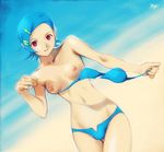  beach bikini bikini_top_removed blue_hair breasts day eureka eureka_seven eureka_seven_(series) hair_ornament hairclip highres kobayashi_yuuji nipples outdoors purple_eyes short_hair small_breasts solo swimsuit topless undressing 