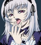  artist_request long_sleeves lowres pale_skin pink_eyes rozen_maiden saliva sexually_suggestive silver_hair solo suigintou tongue 