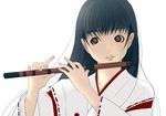  bangs black_hair flute holding instrument japanese_clothes kimono kiriman_(souldeep) lips long_hair long_sleeves looking_to_the_side miko open_mouth original red_eyes ribbon-trimmed_sleeves ribbon_trim simple_background solo teeth upper_body white_background 