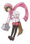  animal_ears aqua_eyes black_legwear boots brown_footwear brown_hair dog_ears dog_tail fang full_body gloves hat long_sleeves minamino_kanata original pantyhose pink_gloves pink_scarf plaid plaid_skirt scarf simple_background skirt solo tail white_background 