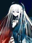  kei_(keigarou) long_hair long_sleeves pale_skin red_eyes rozen_maiden silver_hair solo suigintou 