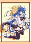  ankle_boots bangs bare_shoulders black_legwear blue_hair blush boots breasts buckle character_name choker cleavage closed_mouth copyright_name cover cover_page covered_nipples cross-laced_clothes dizzy doujin_cover english eyebrows_visible_through_hair frame from_side full_body guilty_gear guilty_gear_xx hair_ribbon half-closed_eyes hands_on_own_shoulders high_heel_boots high_heels kirimori_isuki kneeling large_breasts legs_apart letterboxed long_hair long_sleeves looking_down looking_to_the_side midriff navel off_shoulder outline profile red_eyes ribbon shadow simple_background solo tail tail_ribbon thighhighs twintails underboob very_long_hair yellow_ribbon 