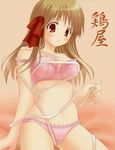  bed bra brown_hair clumsy entangled lingerie long_hair niwatoriya original panties red_eyes solo tape_measure underwear underwear_only 