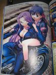  fate/stay_night fate_(series) ground_vehicle matou_sakura matsuryuu motor_vehicle motorcycle multiple_girls open_clothes open_shirt rider shirt 