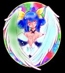  artist_request asymmetrical_wings blue_hair dizzy guilty_gear long_sleeves mosaic_background multicolored multicolored_background red_eyes solo wings 