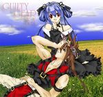  1girl artist_request bad_anatomy bare_arms blue_hair collarbone copyright_name dizzy grass guilty_gear hand_on_forehead hand_on_own_face lowres lying meadow muscle on_back pants sol_badguy vest 