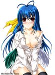  antenna_hair asymmetrical_wings blue_hair blush bow breasts cleavage dizzy guilty_gear hair_bow hair_ribbon hamu_(moeyobaka) large_breasts long_hair long_sleeves open_clothes open_shirt red_eyes ribbon shirt sitting smile solo thighhighs wings 
