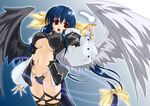  asymmetrical_wings blue_hair bow breasts dizzy feathers guilty_gear hair_bow hino_akira large_breasts long_hair long_sleeves midriff navel open_mouth red_eyes ribbon solo tail tail_ribbon thighhighs twintails underboob very_long_hair wings 