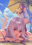  artist_request beach beach_umbrella bikini cloud cocktail day fate/stay_night fate_(series) long_hair matou_sakura multiple_girls outdoors purple_hair red_eyes rider sky swimsuit umbrella very_long_hair 