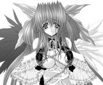  bangs blush breasts chain collar dizzy eyebrows eyebrows_visible_through_hair greyscale guilty_gear large_breasts long_hair looking_at_viewer monochrome nipple_slip nipples shujin solo tears 